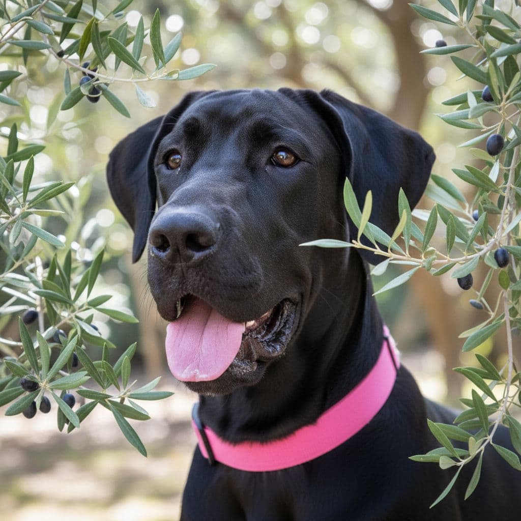 AI generated: young black Great Dane dog,
pink collar,
face only, mouth open slightly with tongue out a litte,
...
