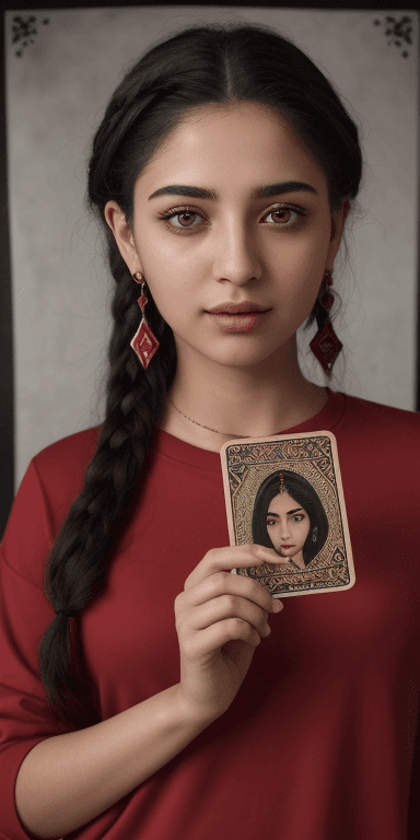 AI generated: middle eastern tarot reader, (gelled hair) , (wearing a red shirt:1.4) , symmetrical eyes, (aegyo sa...