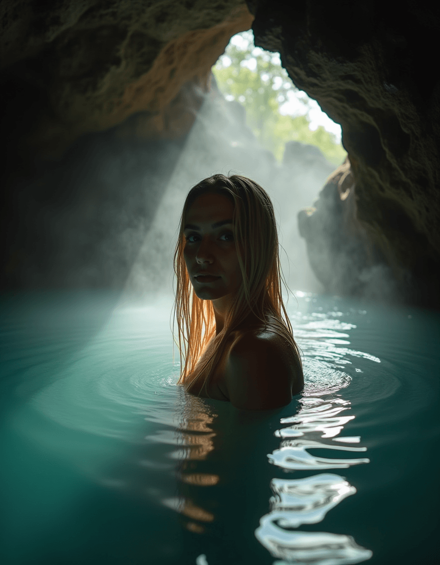 AI generated: hot spring inside a dimly lit cave, steam rises from the water, a woman with long wet blonde hair sw...