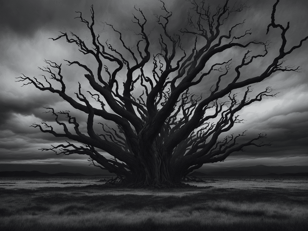 AI generated: A dramatic and eerie scene, set against a wide, panoramic backdrop of dark and foreboding landscape....