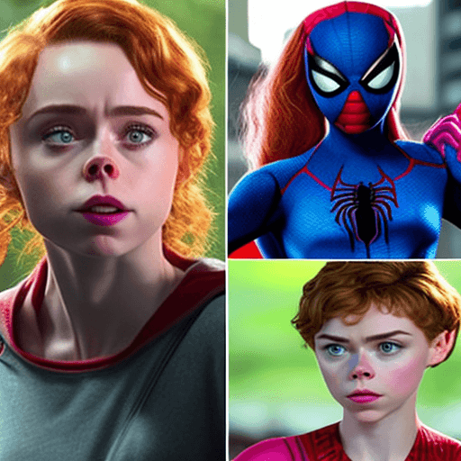 AI generated: Shown in a bright color photo, Very close up face, three female Spider-man family, on the left is So...