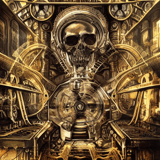 AI generated: hyperdetailed steampunk laboratory interior, potrait front shot, symmetric male skull head and neck,...