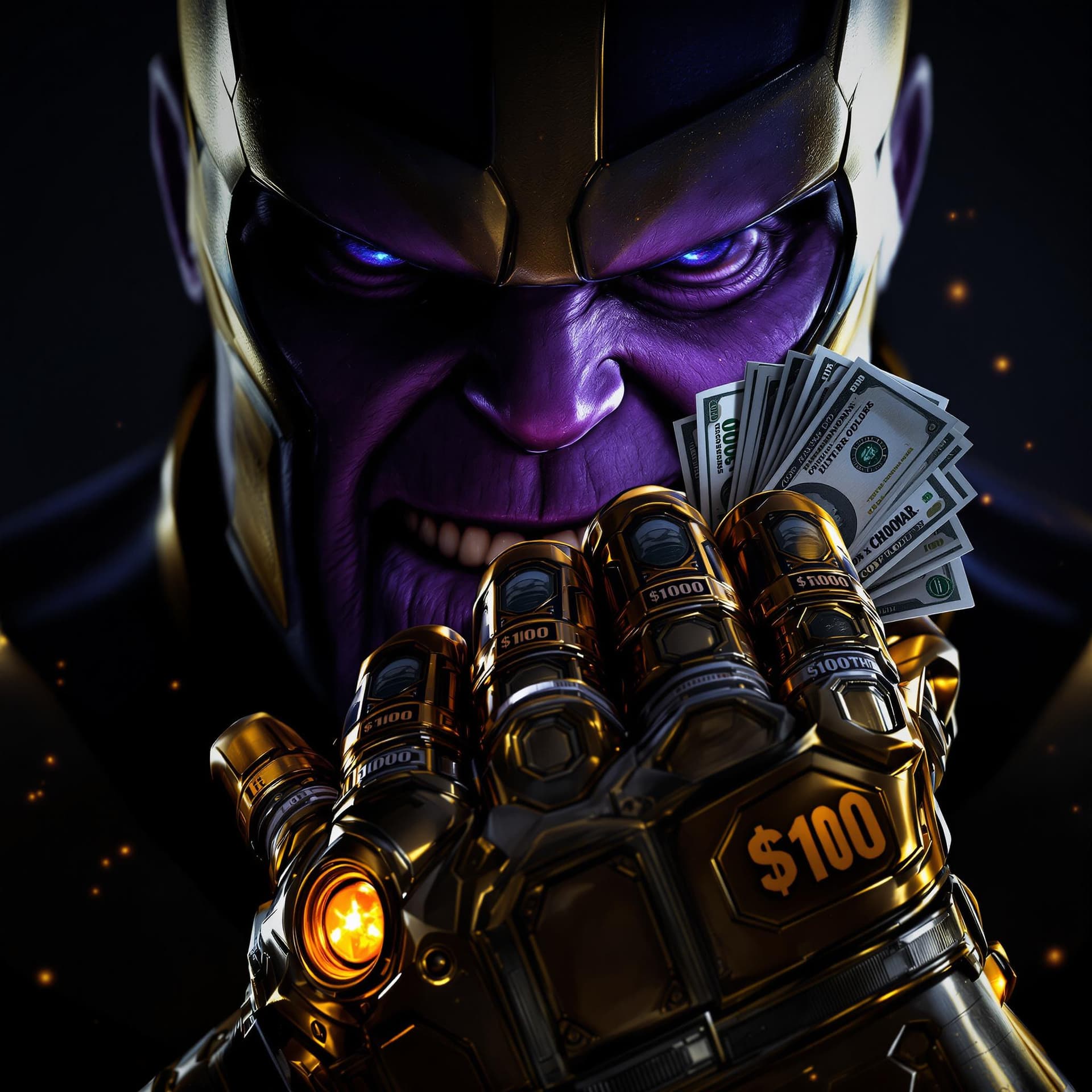 AI generated: Thanos face in shadows his eyes and teeth are visible and the hand wearing the infinity gauntlet is ...