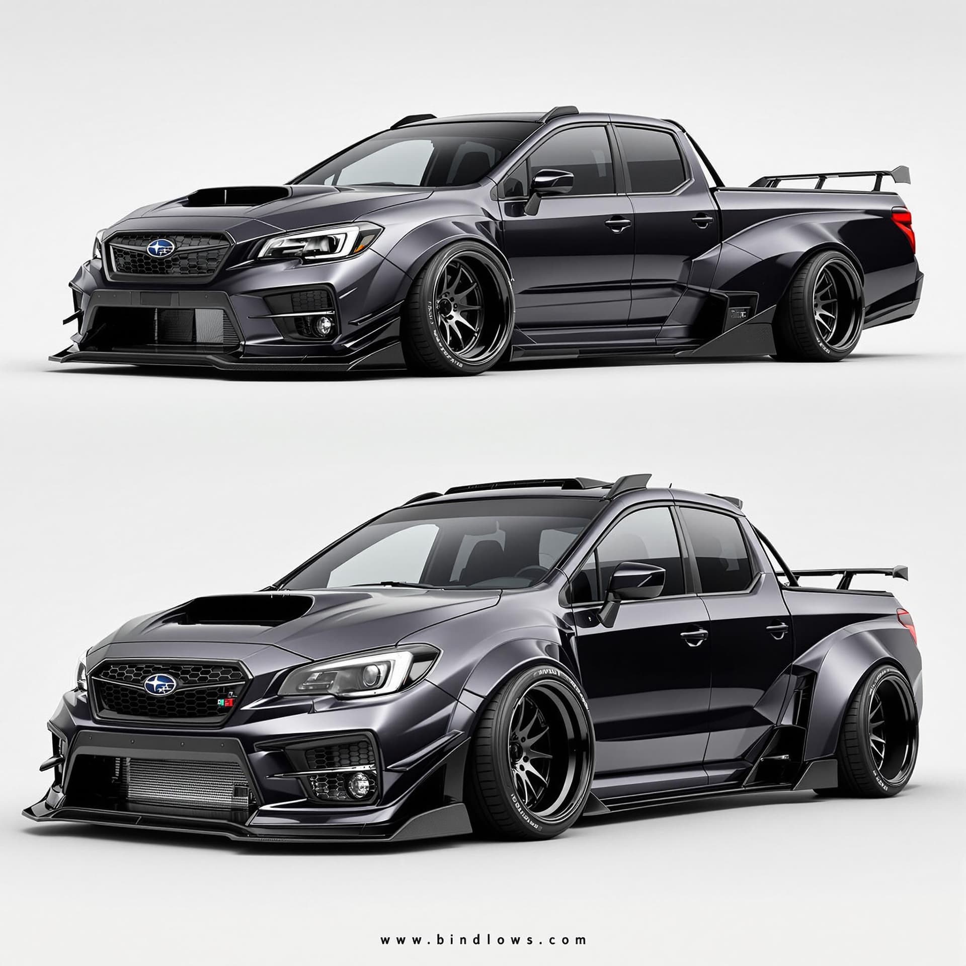 AI generated: A widebody 2017 Subaru WRX STI four-door pickup truck. The car features aggressive widebody modifica...