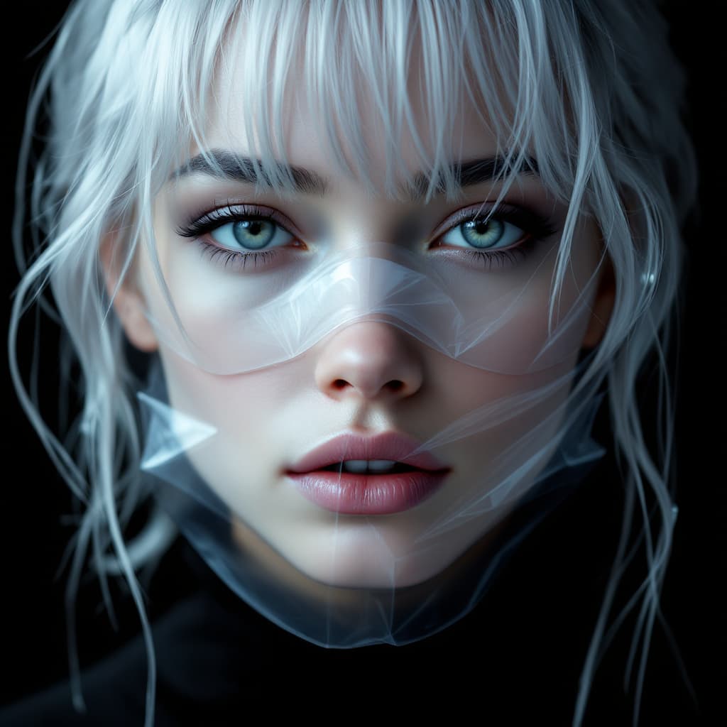 AI generated: A woman with silver hair and white skin, her face covered in clear plastic. The mask is transparent,...