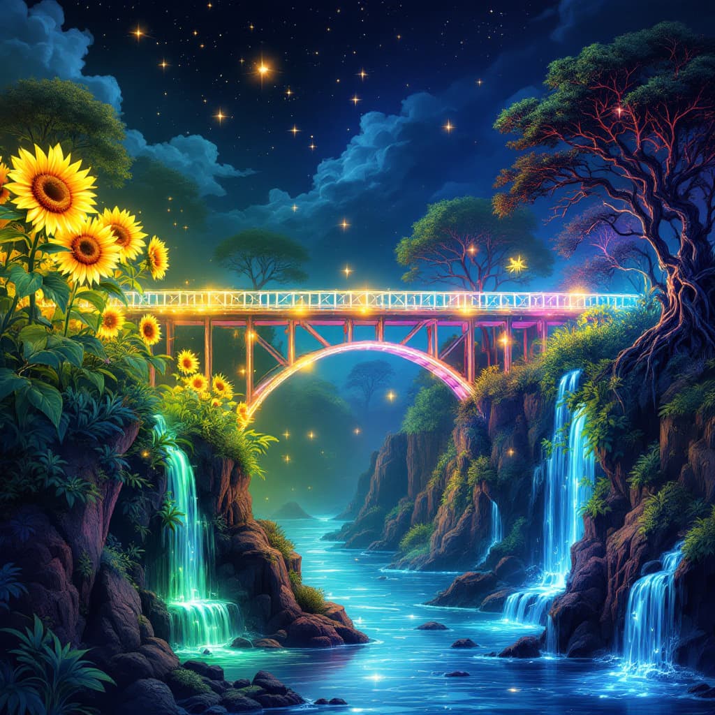 AI generated: 
"Create an illustration of a bridge made entirely out of glowing, colorful lights that connect thre...