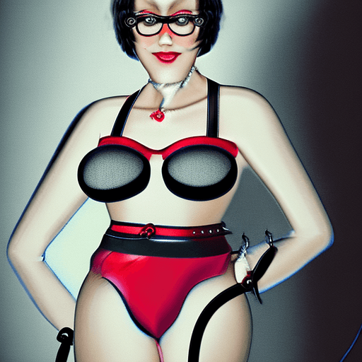 AI generated: An erotic 60 year old woman, very seductive, in a form fitted black latex BDSM corset, with a neckla...