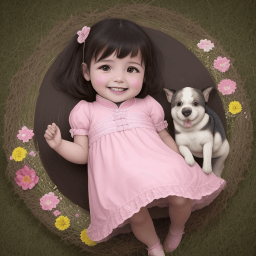 AI generated: Una bebé china sonriente, de 3 meses, con su mamá, con un vestido rosado, en el pasto con muchas flo...