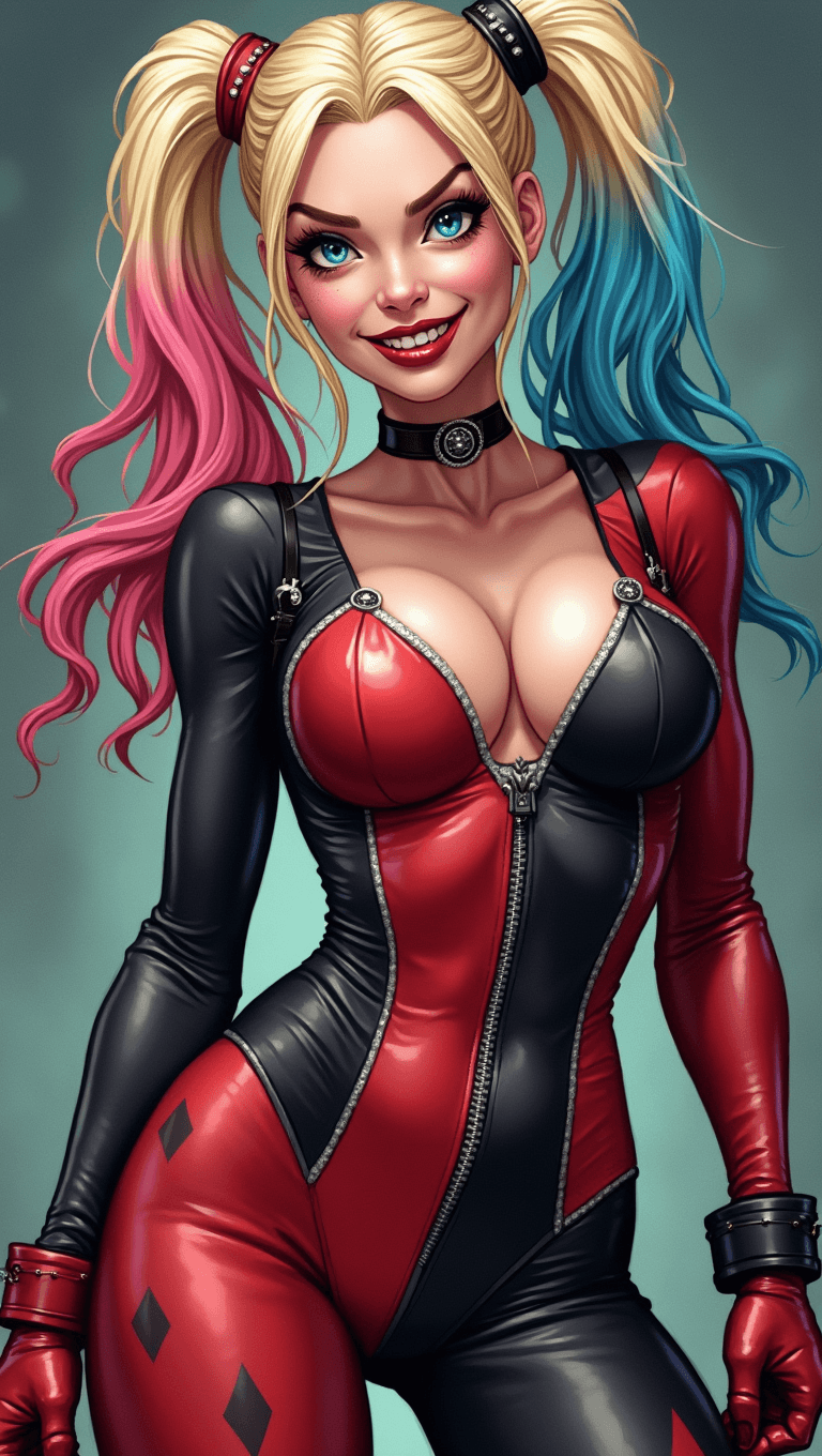 AI generated: 
Harley Quinn full body long shot,  sexy pose in  her  original  costume, deviant smile,  in the  s...