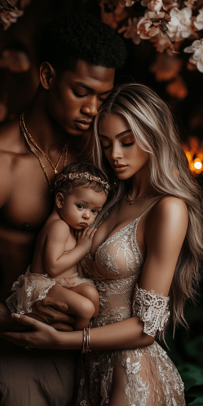 AI generated: A photograph of a Black man and woman holding a newborn baby, looking at the camera, in a luxurious ...