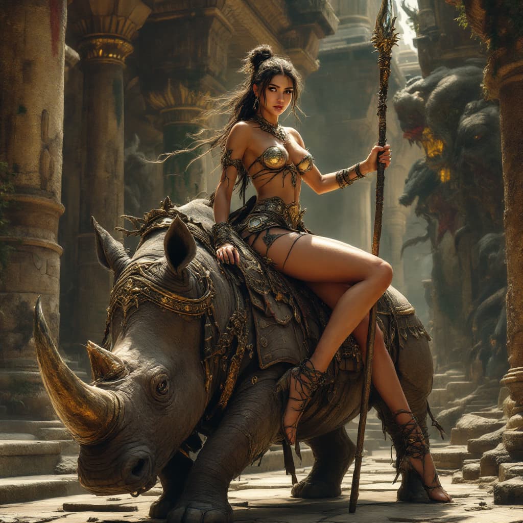AI generated: Full body shot side view of a young beautiful women warrior queen-pirate in an exquisite costume wit...