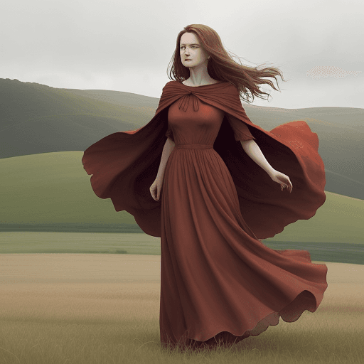 AI generated: a woman in a red dress standing in a field, in style of Charlotte Lapalus, short summer dress, long ...