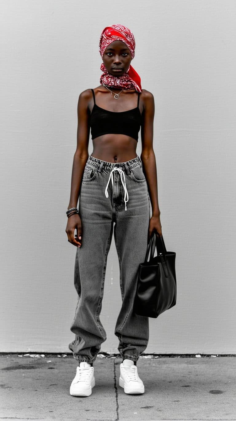 AI generated: black and white photography, Y2K Street Fashion full body photo of a 24 year old Danish-Cree female ...