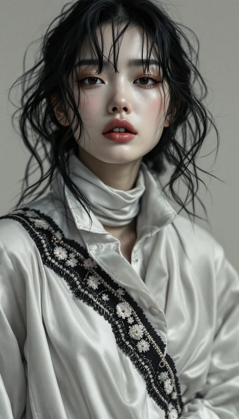 AI generated: Medium shot portrait of a Japanese beautiful model in Balenciaga outfit, fashion shot, editorial, hi...