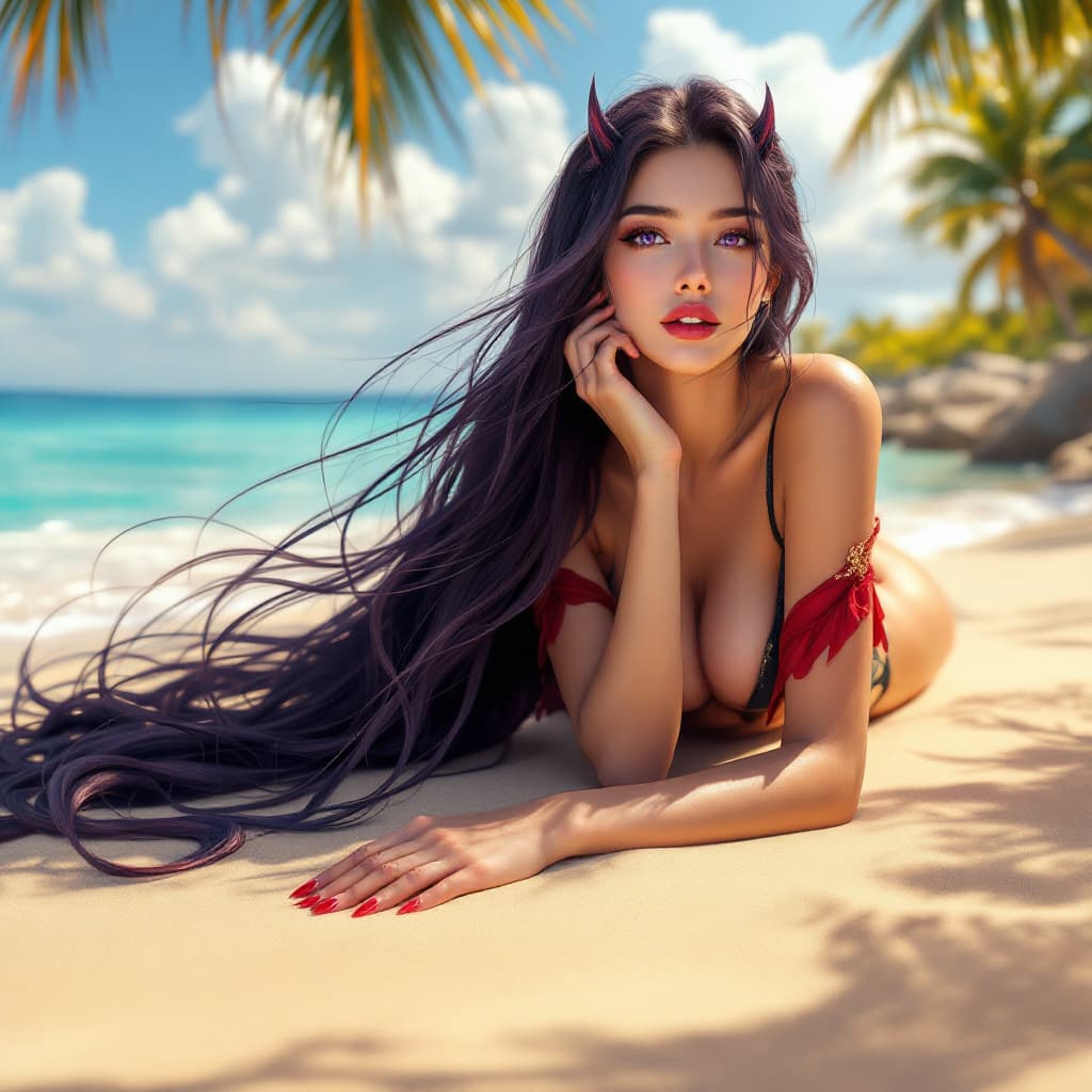 AI generated: "A stunning anime-style demon woman with long, flowing dark purple hair and deep violet eyes, lying ...