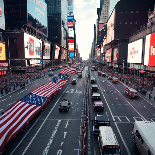 AI generated: truckers for trump blockade times square in New York city,  brining it to it's knees. Wide angle, tr...