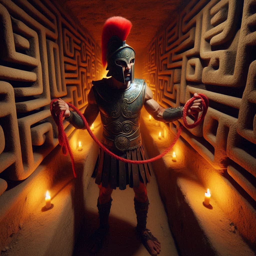AI generated: Ancient greek warrior in a minoan labyrinth underground, looking puzzled, holding two ends of a red ...