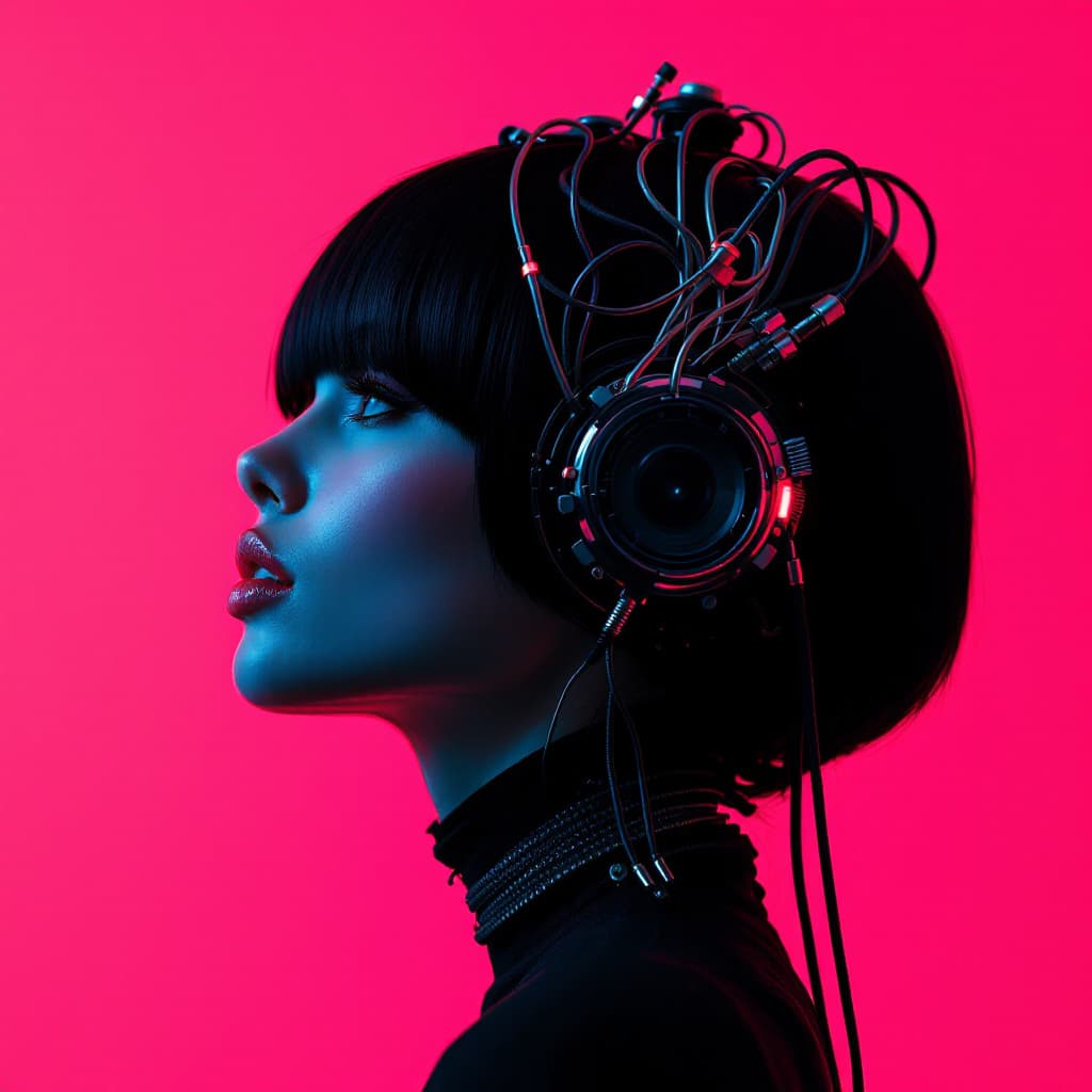 AI generated: photography, portrait of contrast, profile silhouette of a woman wearing a headpiece. The headpiece ...