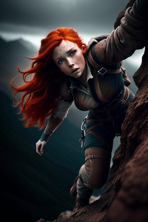 AI generated: hdr, a redhead woman, climbing on mountains, closeup, intricate details, hyperdetailed, cinematic, d...