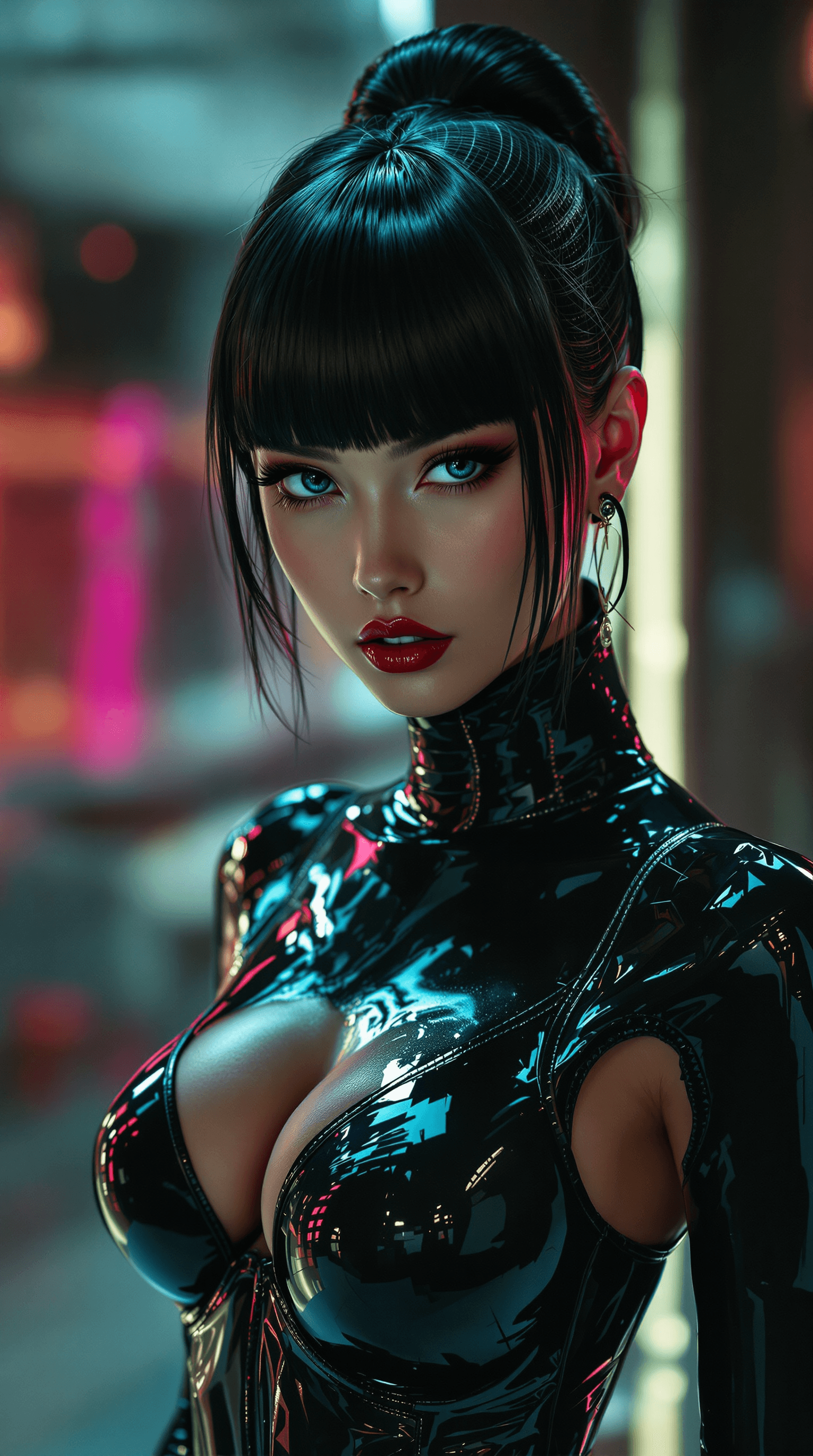 AI generated: high fashion photo, vintage latex outfit, in the style of Joong Keun Lee, intense shadows, smooth an...