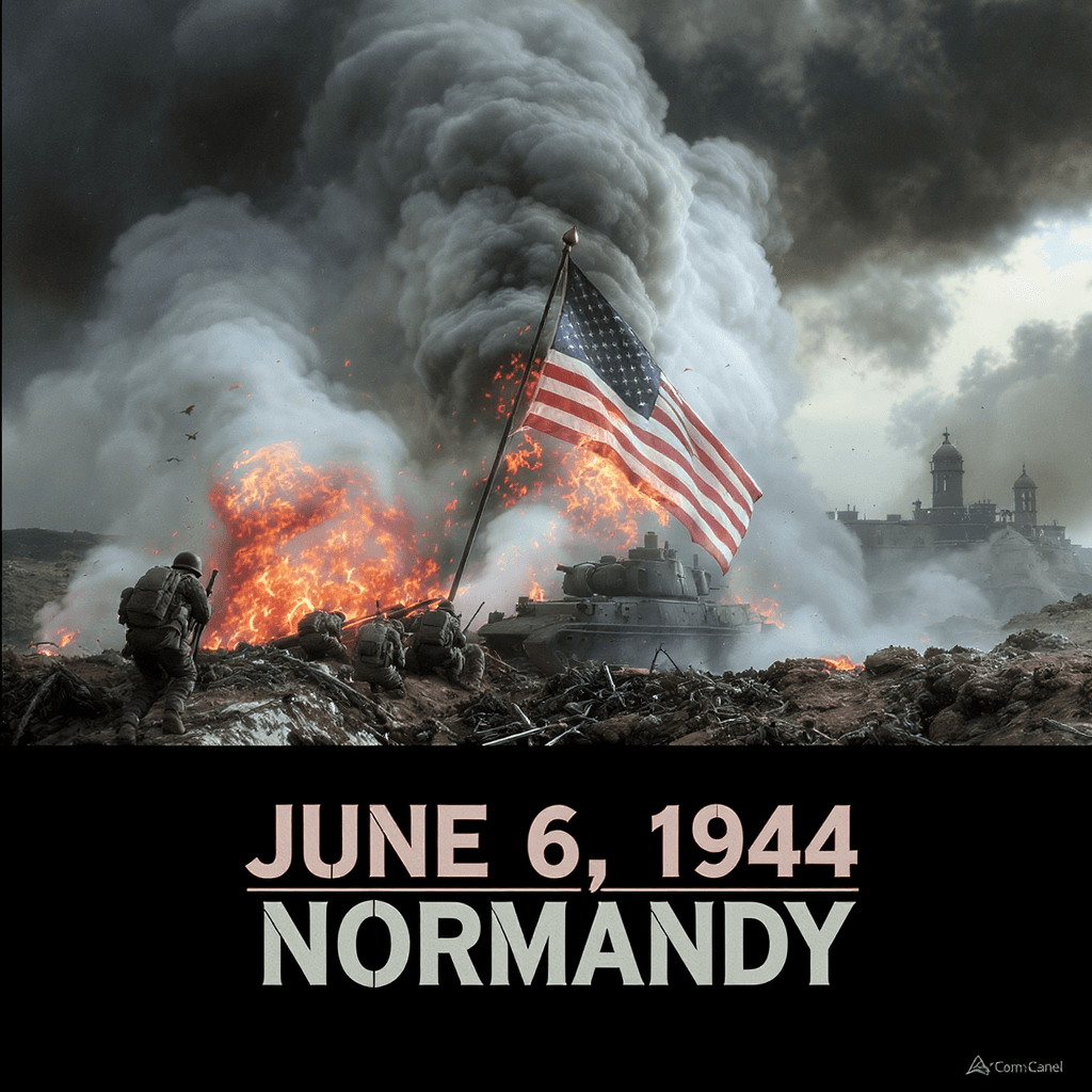 AI generated: Create a dynamic, cinematic landscape image of D-Day. Bottom-centered text that reads: "June 6, 1944...