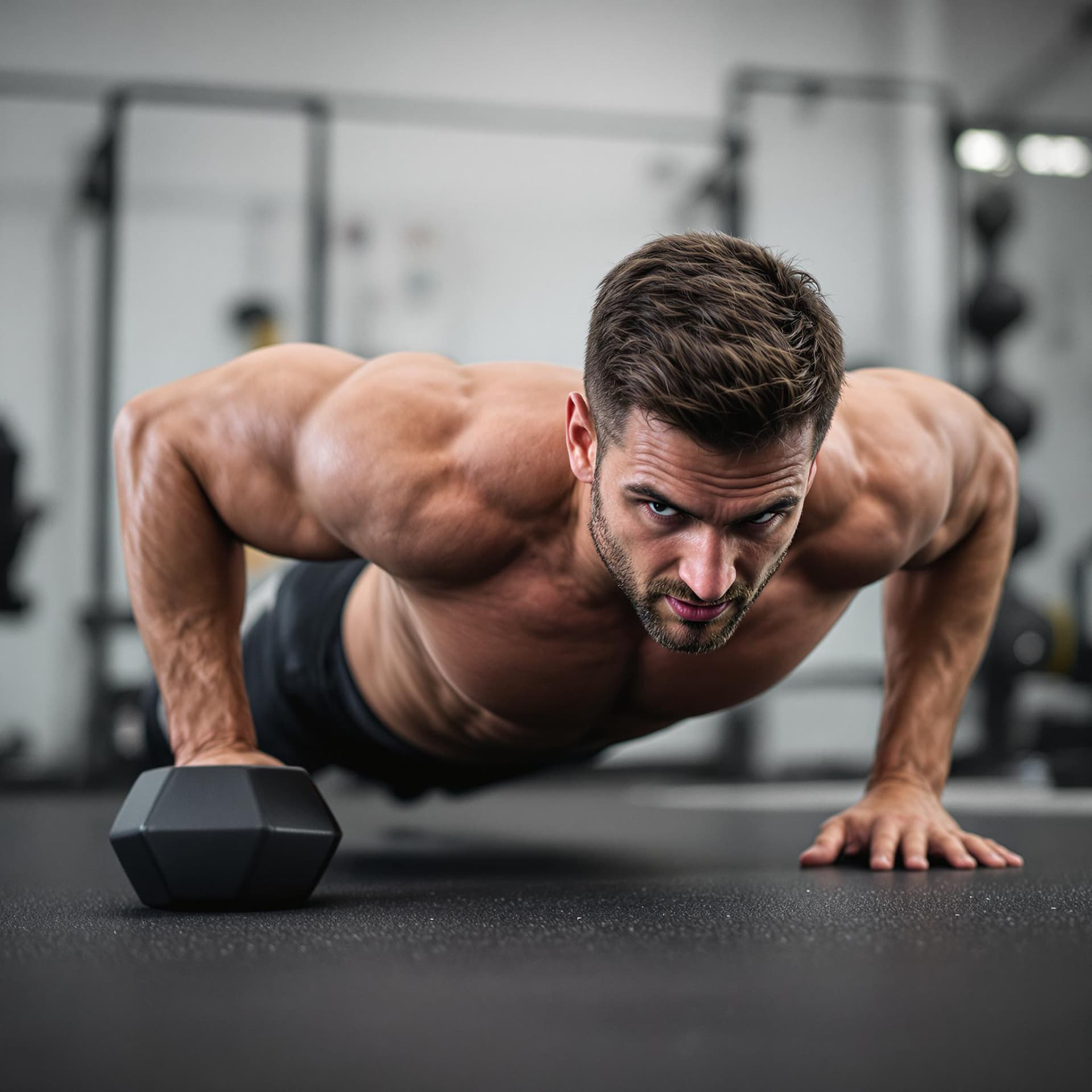 AI generated: man doing push up exercise with dumbbell looking at camera