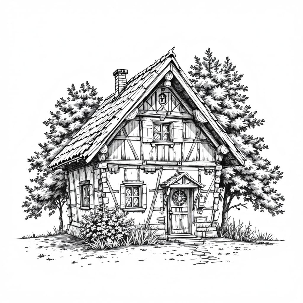 AI generated: pencil drawing of a small bavarian wooden house, behind it a few trees and a seet curly girl in fron...
