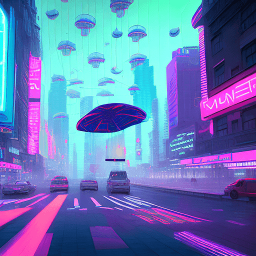 AI generated: a neon umbrella with hanging multiple computer mouse, pale sunshine, t symmetrical artwork. cinemati...
