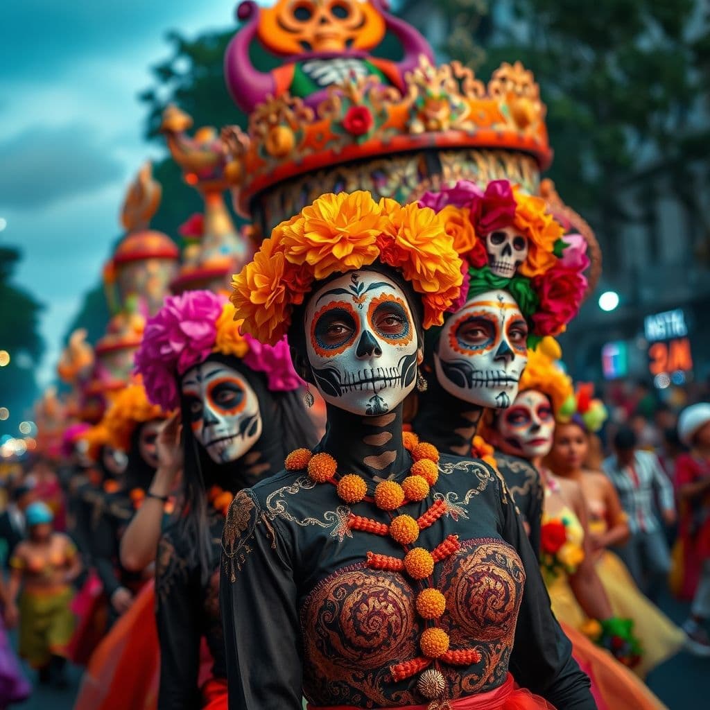 AI generated: Original Prompt: Capture a high-resolution photograph of the vibrant "Días de los Muertos" parade in...