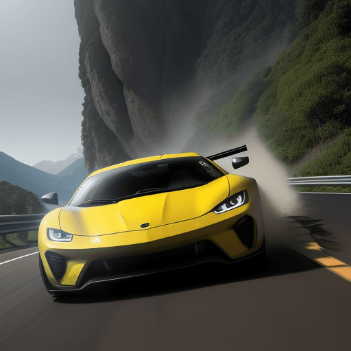 AI generated: supercar in a high-speed race on a winding mountain road, surrounded by lush greenery and dramatic c...