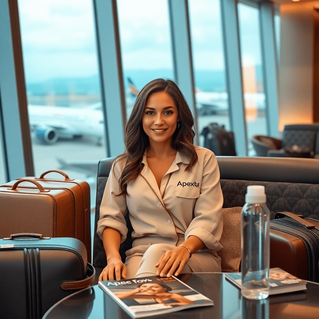 AI generated: "Design an image of a beautiful woman sitting in a premium airport lounge, surrounded by designer lu...