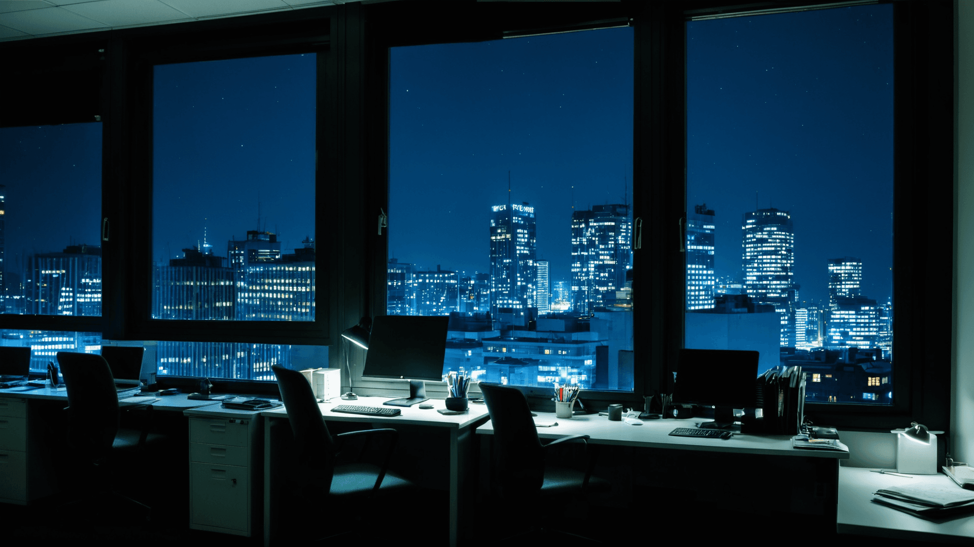 AI generated: photo in office at night, desks and chairs, Night city visible through the window