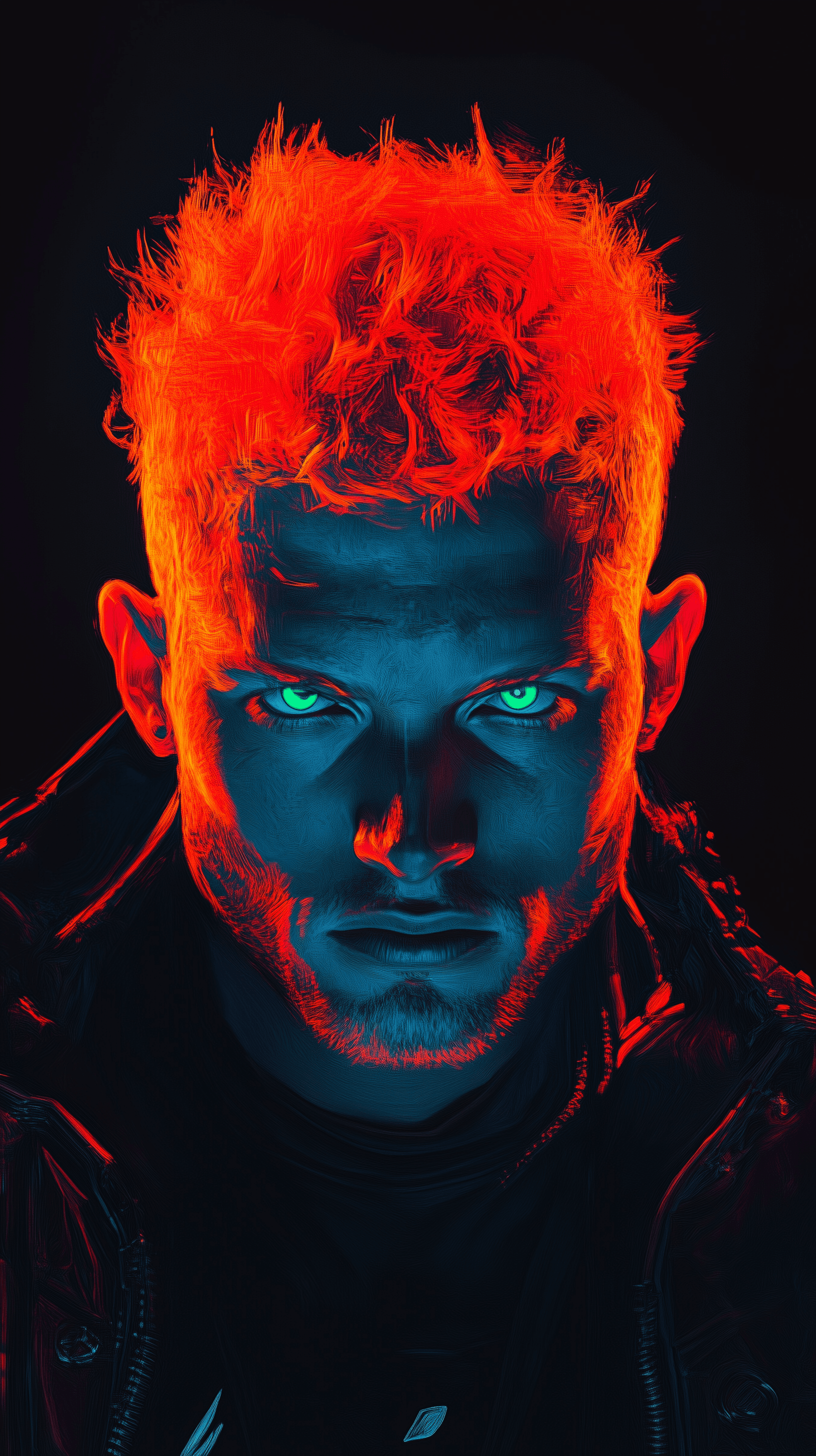 AI generated: digital portrait of a man with neon orange hair, using a futuristic and graphic design style, portra...