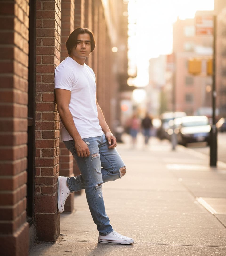 AI generated: a stylish young man with a lean, toned physique height 5feet 6inch, brown eyes, black hair same as r...