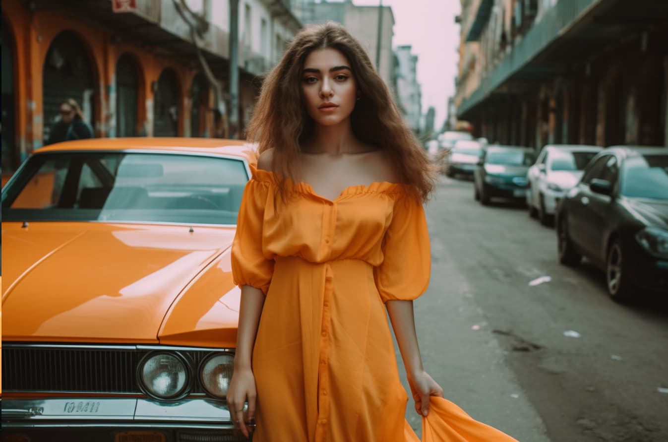 AI generated: a woman standing in front of an orange car, wearing light orange slit dress .photography fashion edi...