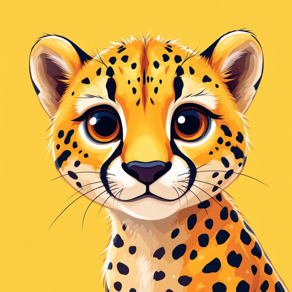 AI generated: illustration, vector cartoon-style, cute cheetah's face, zoom in, expressive eyes and a playful deme...