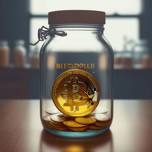AI generated: One glass jar full of many Bitcoin with men waving dollars on it with a thermometer in the back that...