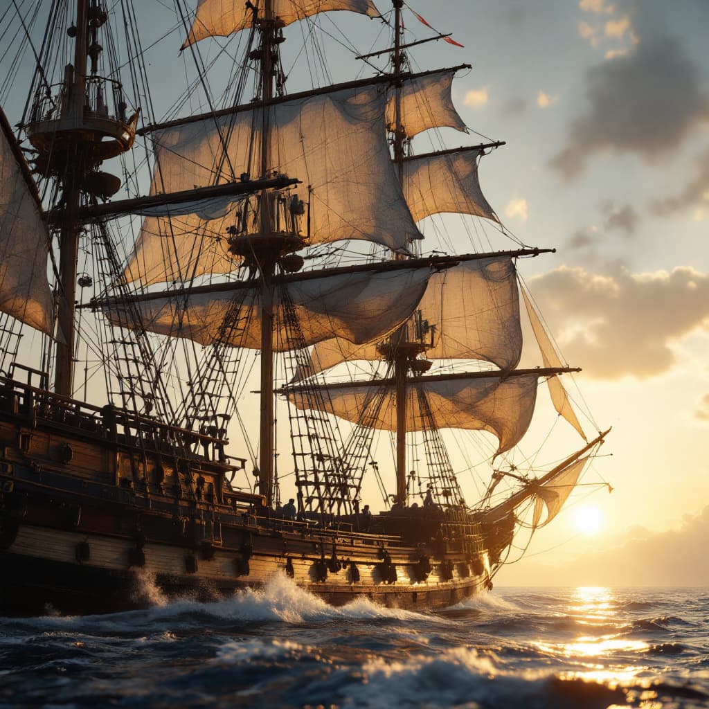 AI generated: Photo of a ultra realistic sailing ship, dramatic light, pale sunrise, cinematic lighting, battered,...