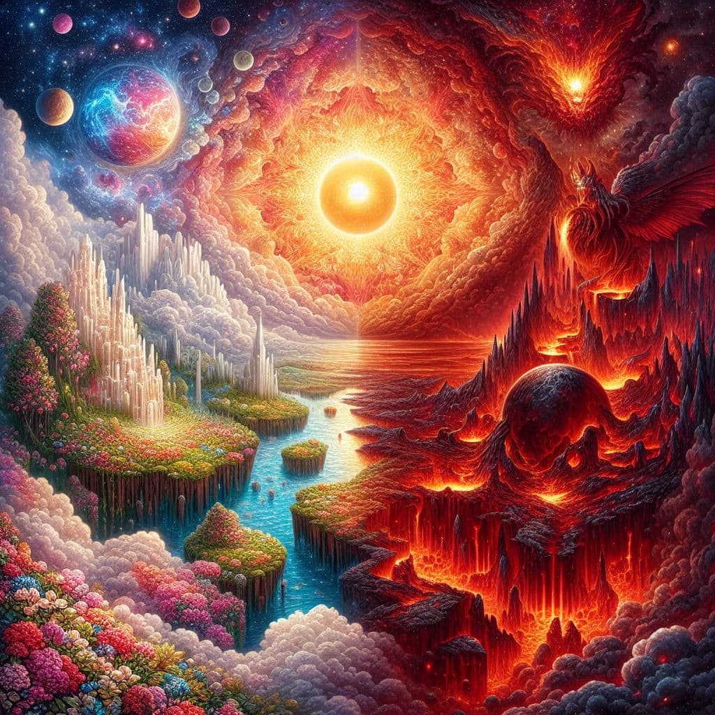 AI generated: A mesmerizing, ultra-detailed fantasy art piece that showcases two realms - one of heavenly beauty a...