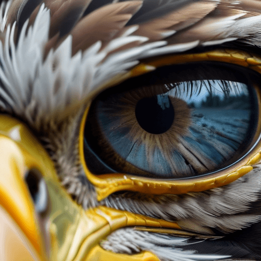 AI generated: photorealistic ultra close-up of an eagle eye with a lake background in it, tear in eye, 8k