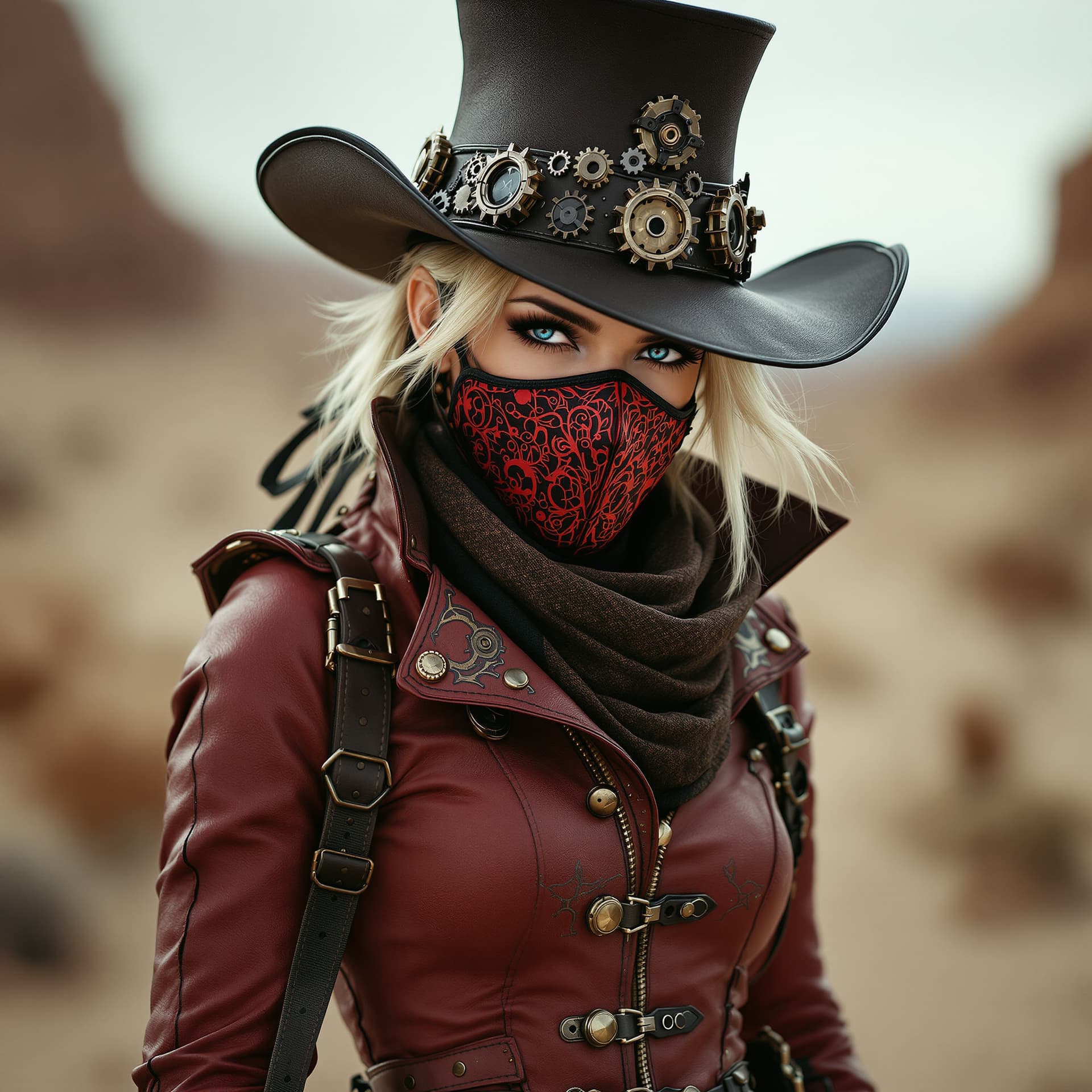 AI generated: A striking portrait of a young, rogue sovereign woman posing in a desert landscape, her gaze directe...