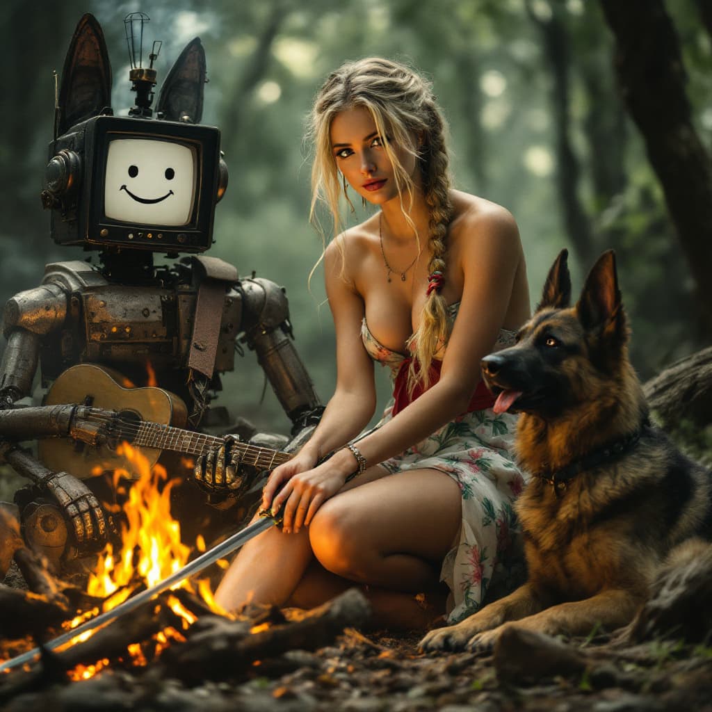 AI generated: full body view of A very beautiful minute blonde woman with braids, flowery dress that leaves the sh...
