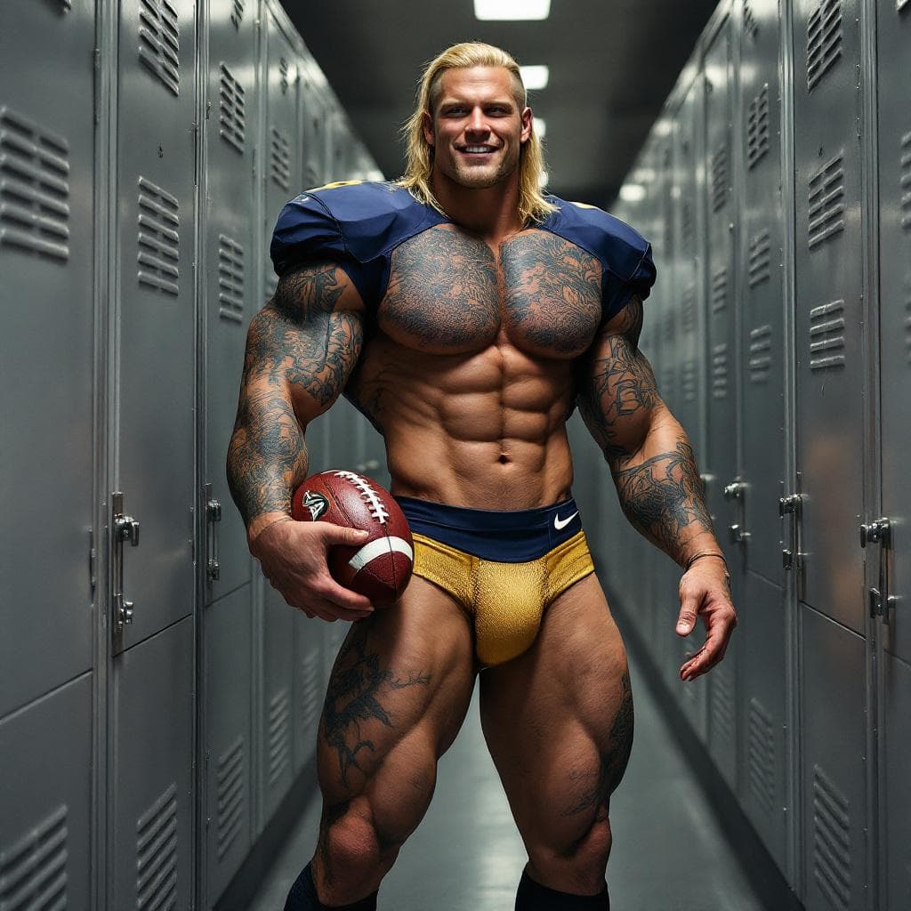AI generated: Full image, Locker room, gray lockers, tall lean muscular man, lots of tattoos, neat blonde long sho...