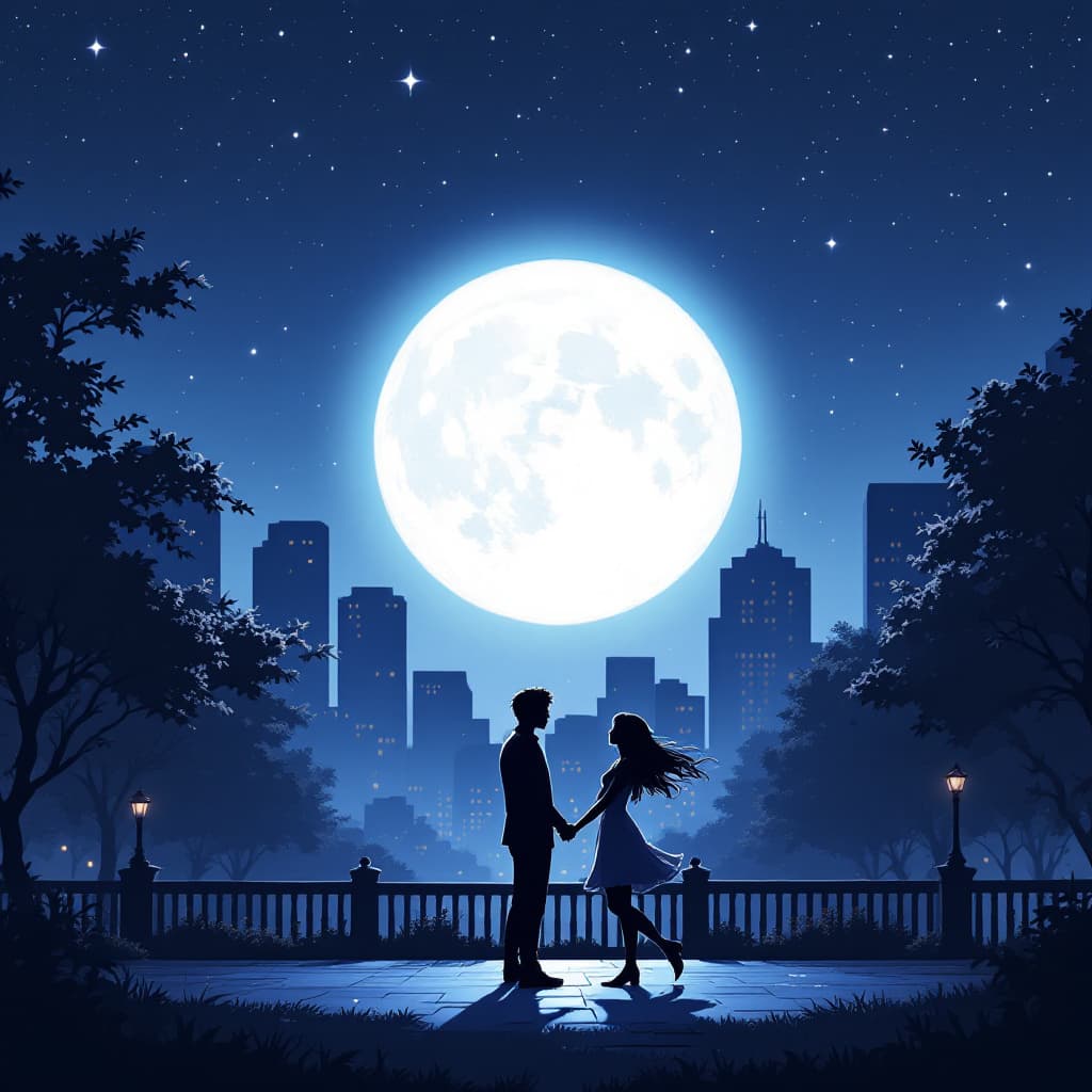 AI generated: anime styles a silhouette couples slow dancing  in the middle of quite public city park under the mo...