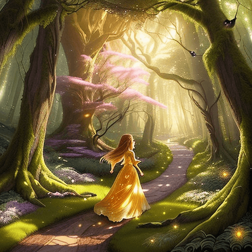 AI generated: Create a fairy tale scene with a cinematic perspective and realistic style. Imagine an enchanted for...