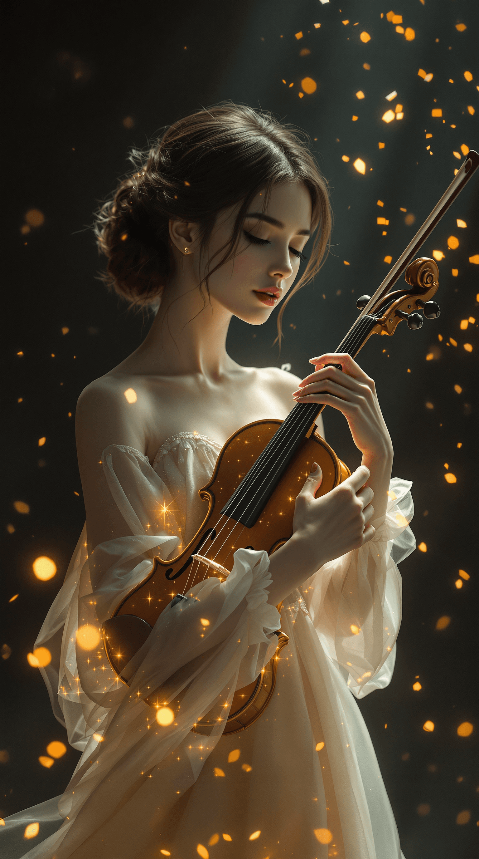 AI generated: A graceful young woman stands in a dimly lit, ethereal space, holding a finely crafted violin as gol...