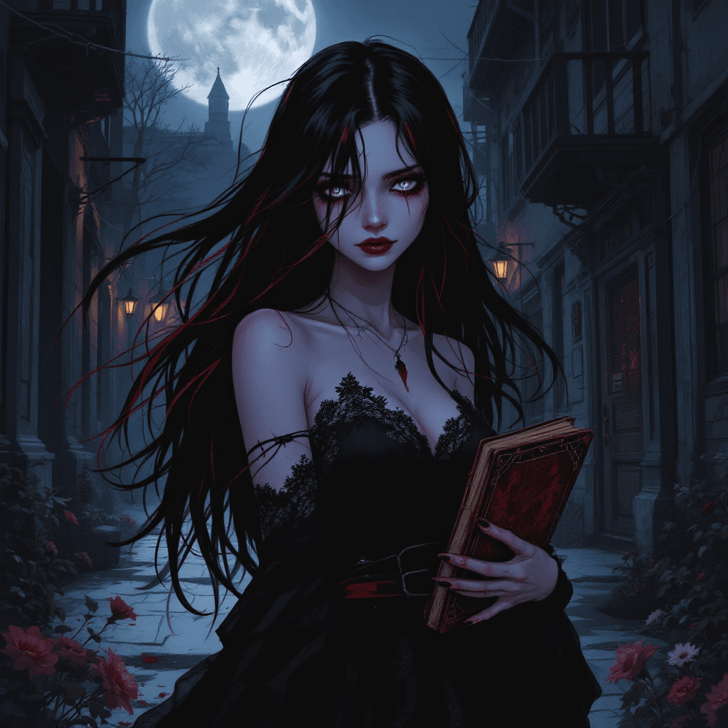 AI generated: Create an anime-style character illustration of Kira Shadowe, a dark, melancholic girl. She has long...