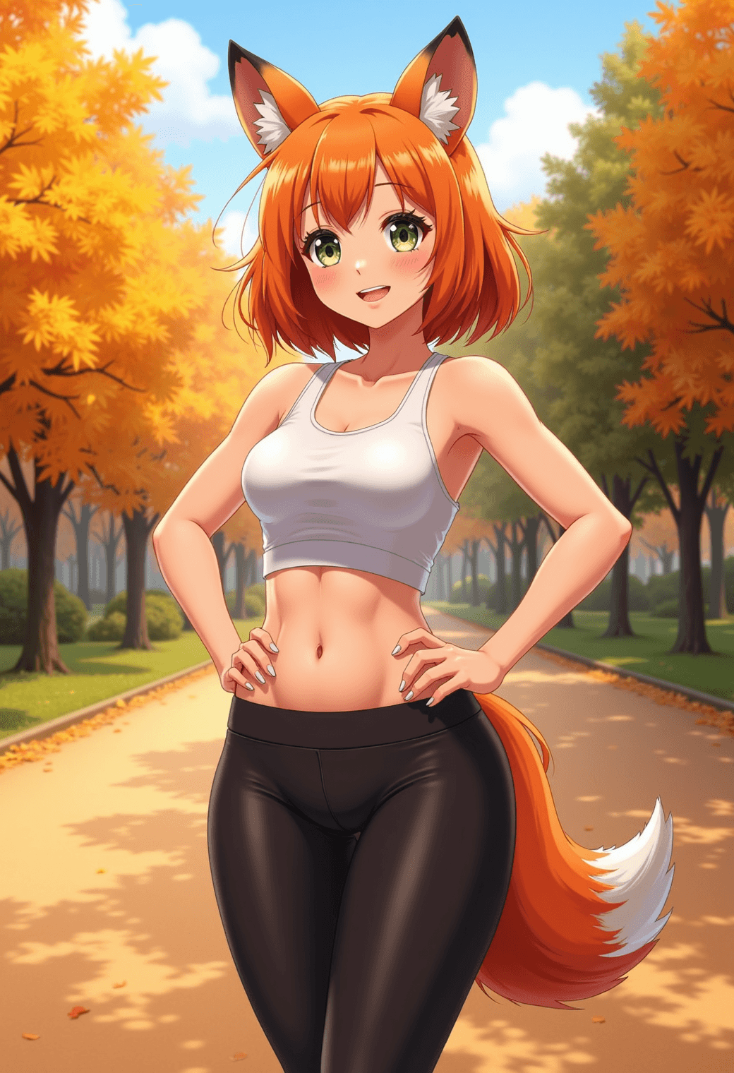 AI generated: No People in the background, attractive anime orange fox woman, symmetrical facial features, mature ...