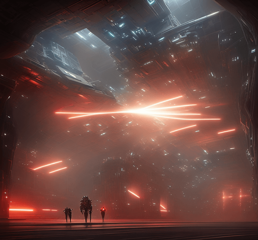 AI generated: a huge Mech is walking thru the fire   in the corridor leading to the control room in a futuristic s...