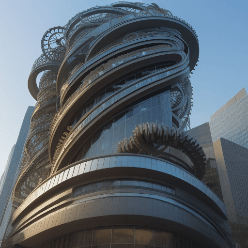 AI generated: modern curved building , where the curved building's façade meticulously crafted from gears, cogs, a...